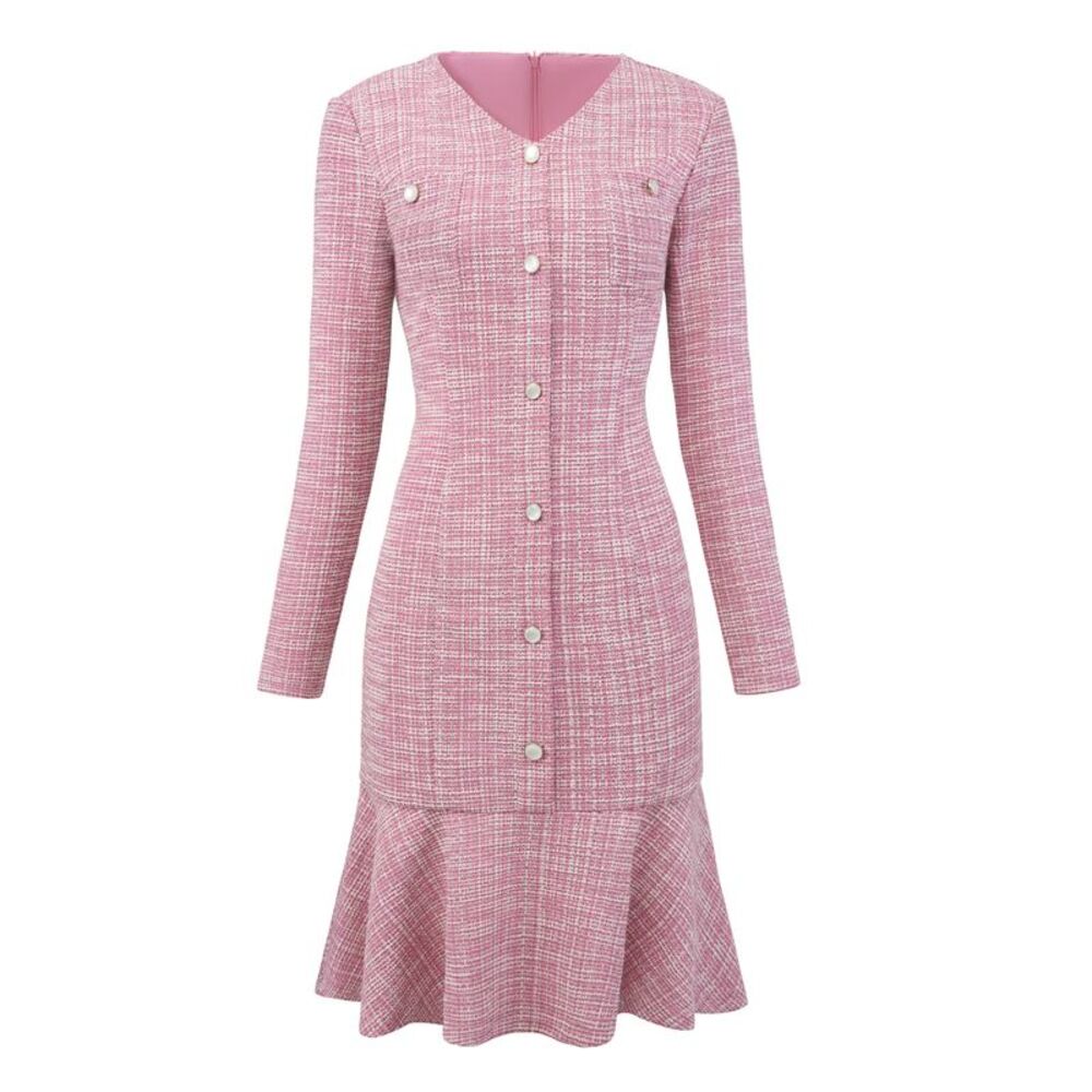 Women's Work Tweed Dress Long Sleeve Cocktail Bodycon Fishtail Dress Pink